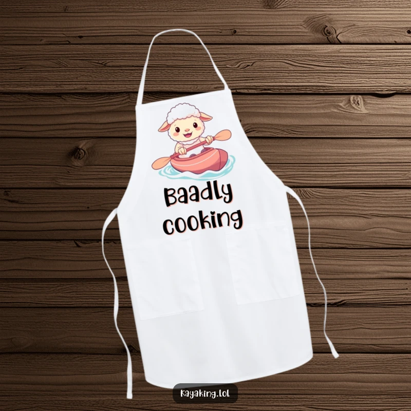 Funny apron with a grinning sheep confidently navigating its kayak, ready for kitchen adventures with a cheerful attitude.