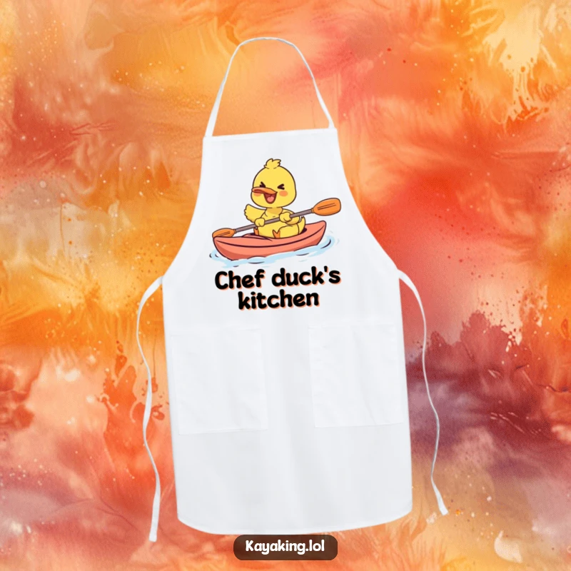 Funny apron illustrating a joyful duck paddling a kayak, perfect for adding humor to cooking and kitchen tasks.