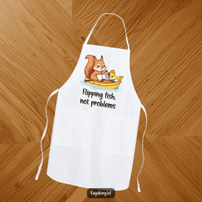 Funny Apron, a squirrel in a kayak trying to catch a fish, bringing humorous charm to the kitchen and cooking activities.