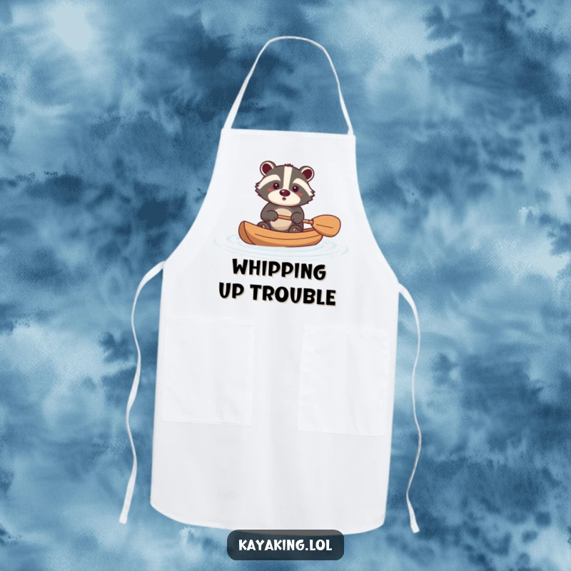 Funny badger apron showing a brave animal paddling a kayak, a humorous kitchen accessory for confident cooks and nature enthusiasts.