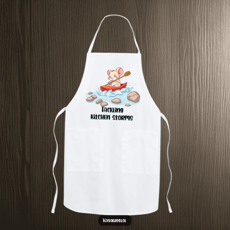 Funny brave mouse navigating rapids in a small kayak on an apron, a fun and practical kitchen accessory for adventurers.