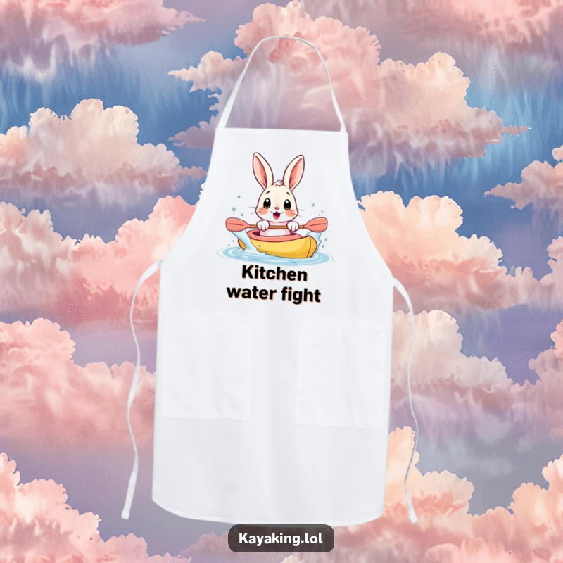 Funny apron with a surprised bunny splashing water from a kayak with its paws, for humorous cooking and baking.