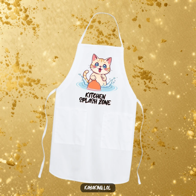Funny Cat Apron: A surprised cat character splashing water with a paddle while cooking, bringing playful energy.