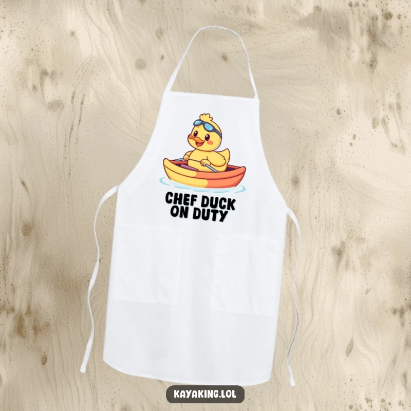 Funny smiling duck navigating a vibrant kayak, printed on a chef's apron. Ideal for a playful cook.