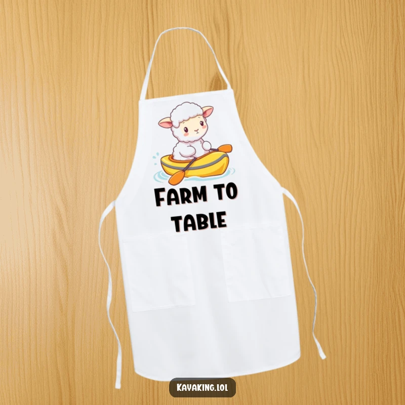 Funny fluffy sheep bobbing in a brightly colored kayak, making this apron a fun and practical kitchen accessory. It’s sheep-er useful.