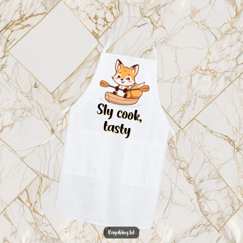 Funny grinning fox with sparkling eyes kayaking, on an apron, ideal for a stylish and protected cooking experience.