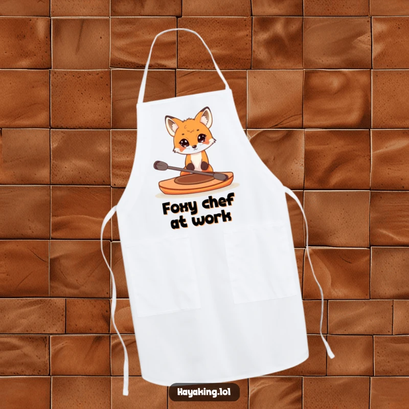 Funny apron with a curious fox peering over the edge of a small kayak, perfect for adding a touch of humor and protection while cooking.