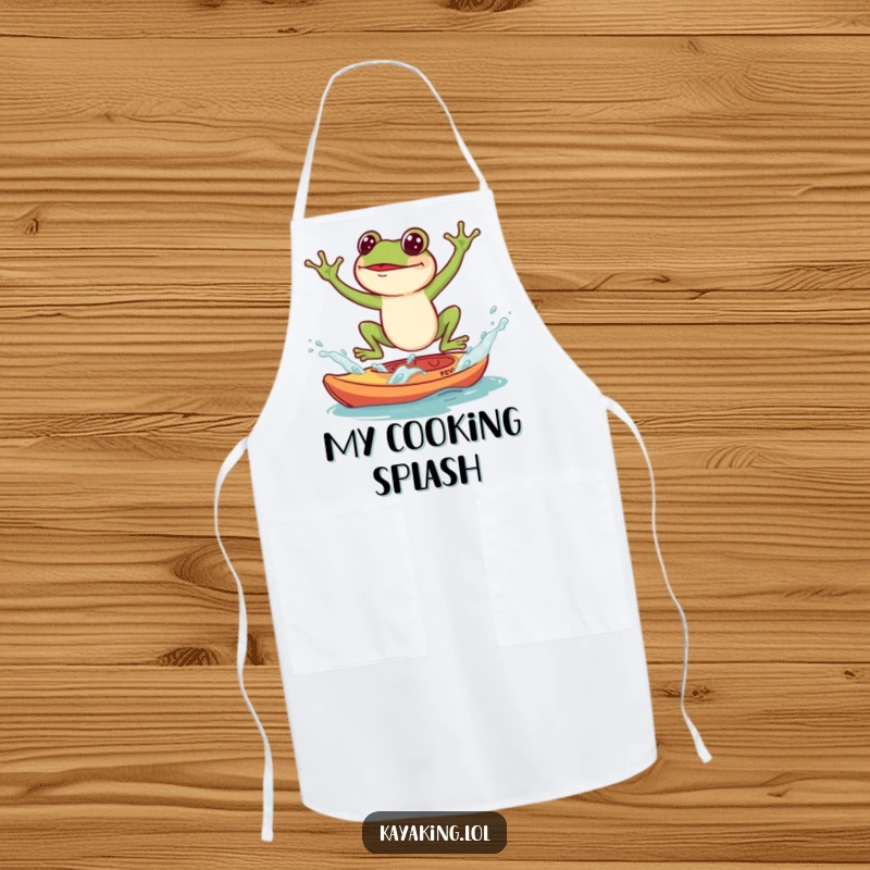 Funny Apron, a frog splashing into a kayak, bringing humorous charm and splashy fun to the kitchen.