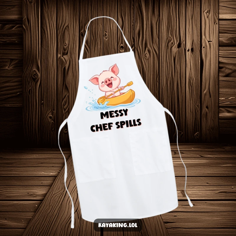 Funny giggling piglet splashing water from a kayak on an apron, a fun and practical kitchen accessory.