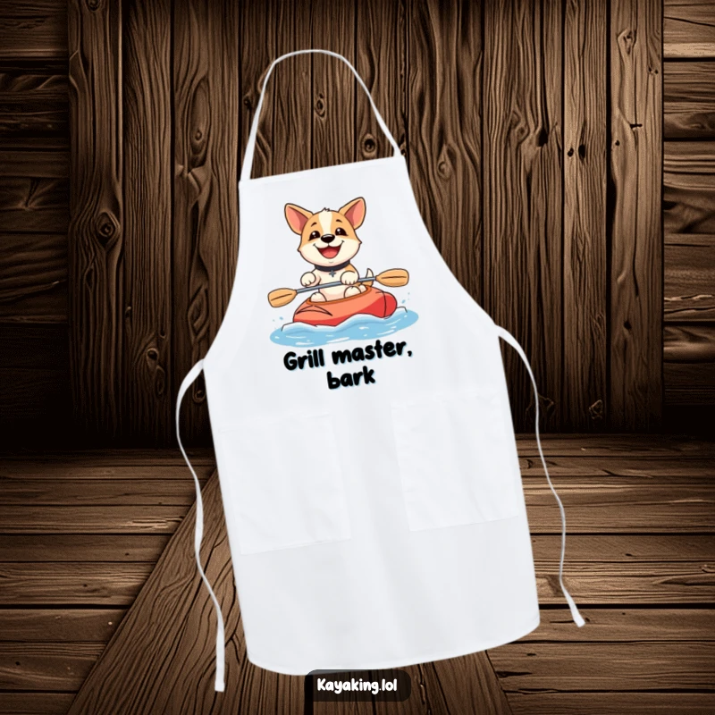 Funny happy dog kayaking apron displays a cheerful dog with a wide smile paddling a kayak, perfect for the cooking enthusiast.