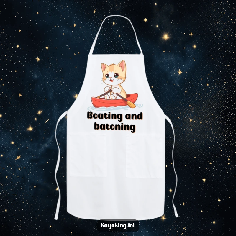 Funny Kitten Kayak Apron featuring a determined kitten paddling a miniature red kayak, perfect for a humorous cooking experience.