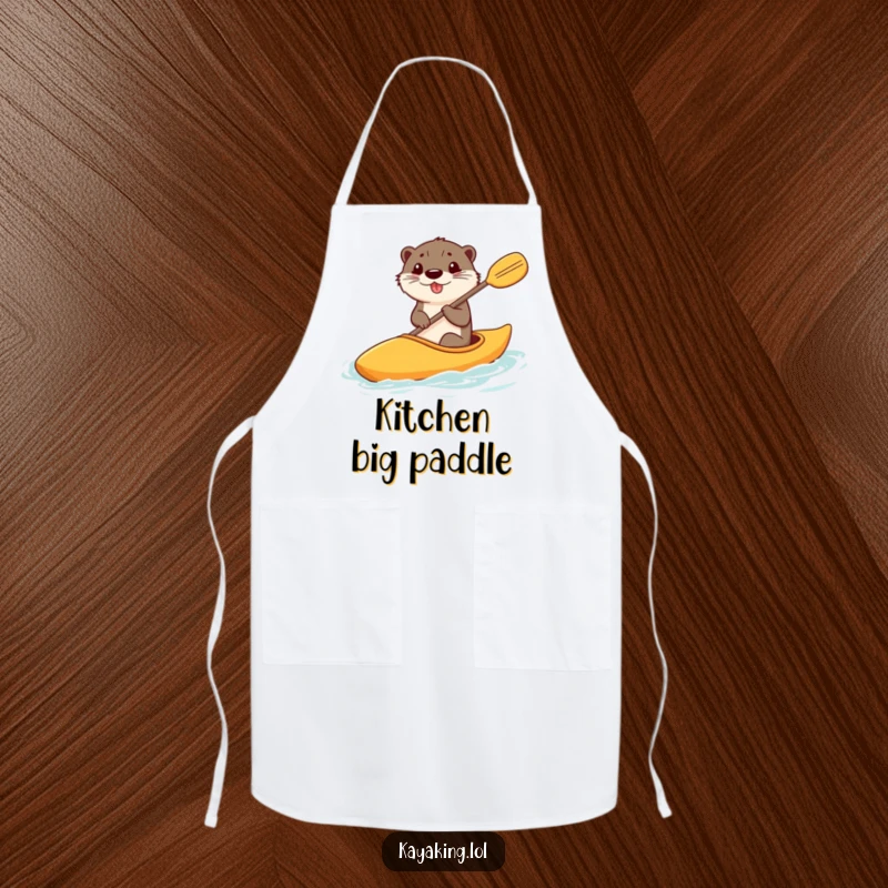 Funny apron with a happy otter steering a kayak with a comically large paddle, for humorous cooking and baking.