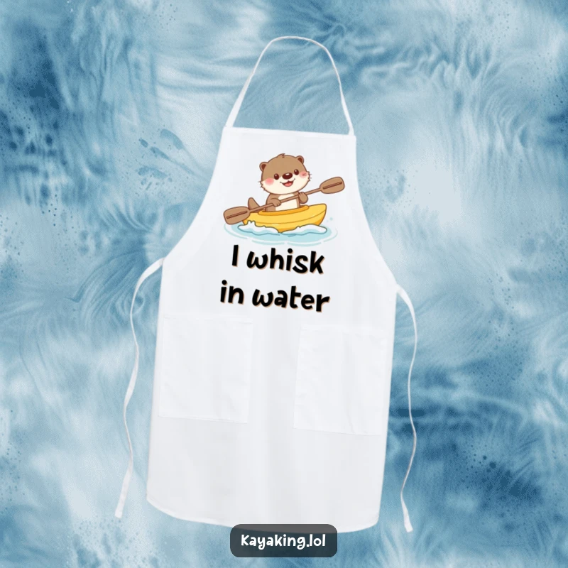 Funny apron with a happy otter kayaking and splashing, perfect for adding a touch of humor and protection while cooking.