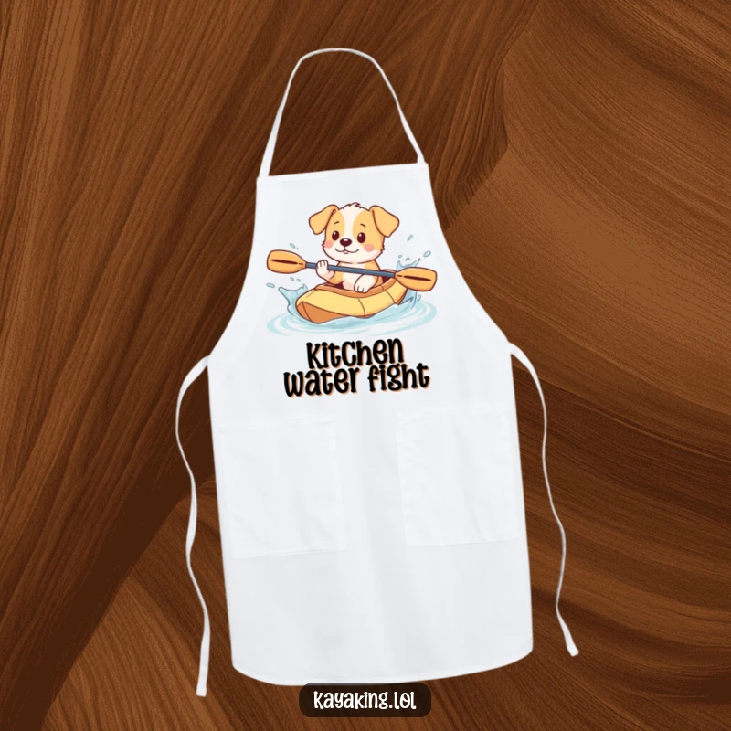Funny Puppy Apron: Playful puppy splashing water from a kayak, a humorous and practical accessory for the kitchen.