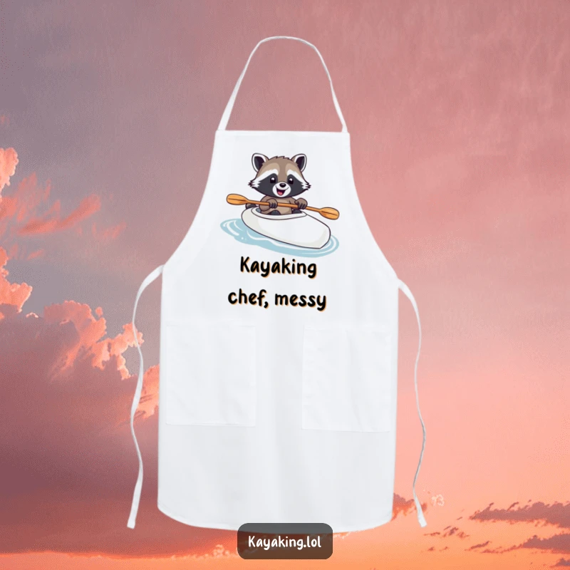 Funny raccoon kayaking design on an apron, paw on paddle, ideal for kitchen fun and protecting clothes with a cheerful splash.