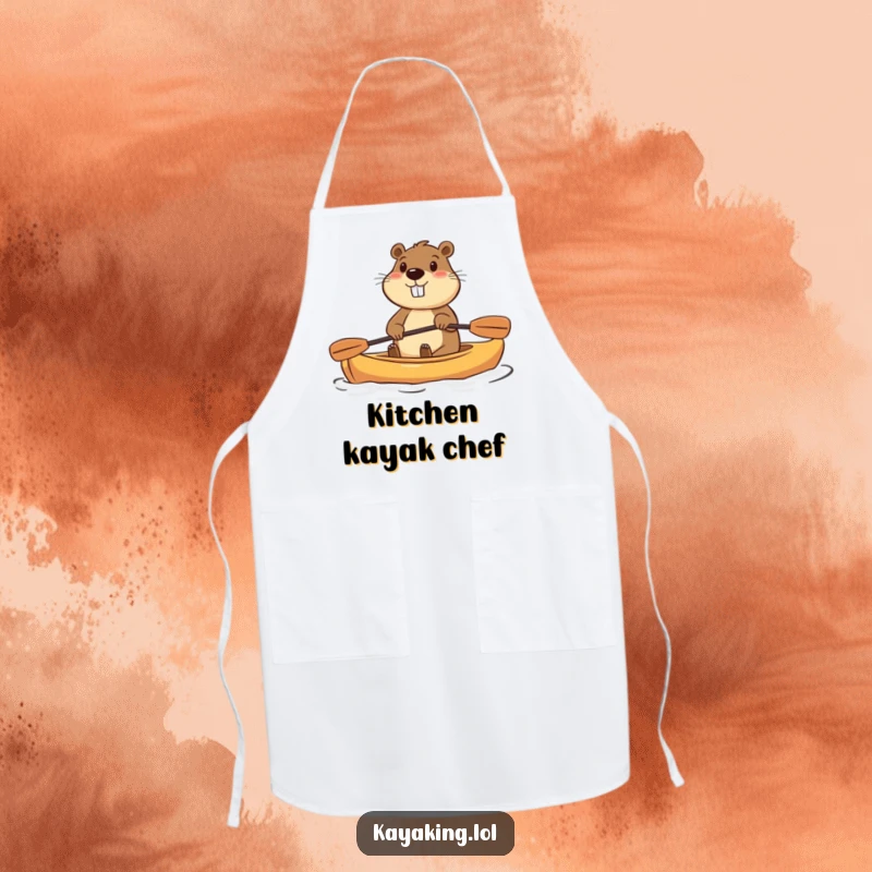 Funny apron with a determined beaver paddling a small kayak with enthusiasm, for humorous cooking and baking experiences.