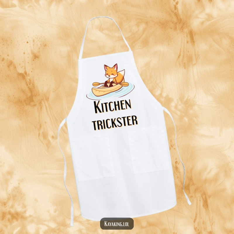 Funny fox kayaking apron shows a smiling fox gracefully paddling a kayak, perfect for kitchen adventures and nature lovers.