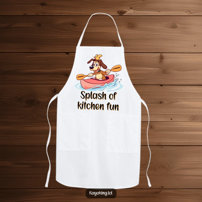 Funny Apron featuring a goofy dog splashing water with a paddle in a kayak, ideal for humorous kitchen activities.