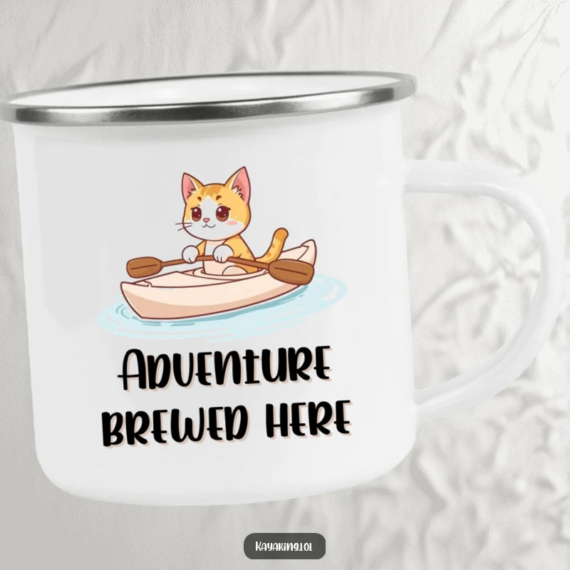 Funny Cat Camping Mug: Curious cat kayaking peacefully in nature, perfect for outdoor adventures and a good laugh.