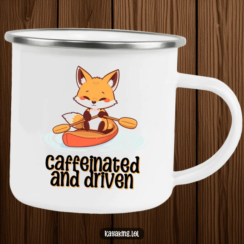 Funny Determined Fox Paddle Camping Mug: A determined fox paddles vigorously, durable and humorous for the outdoors.