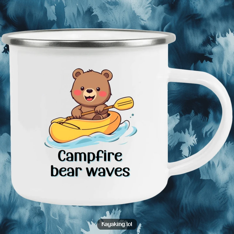 Funny Bear Camping Mug: Smiling bear waving from a kayak in nature, perfect for outdoor adventures and a cheerful sip.