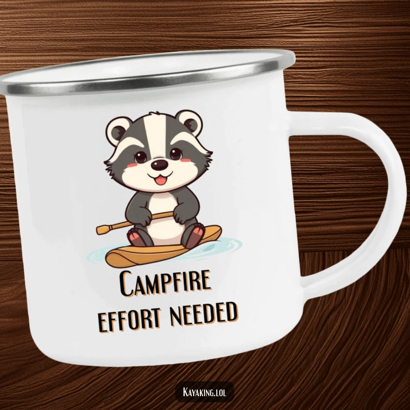 Funny determined badger camping mug, a badger paddling with great effort, durable enamel mug for outdoor enthusiasts.