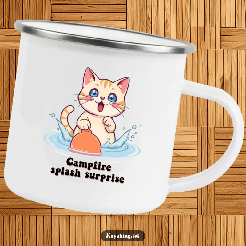 Funny Cat Camping Mug: Surprised cat character splashes water with a paddle, perfect for fun outdoor enjoyment.