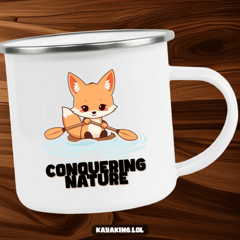 Funny fox camping mug showing a determined animal paddling a kayak vigorously, perfect for outdoor pursuits and energetic vibes.
