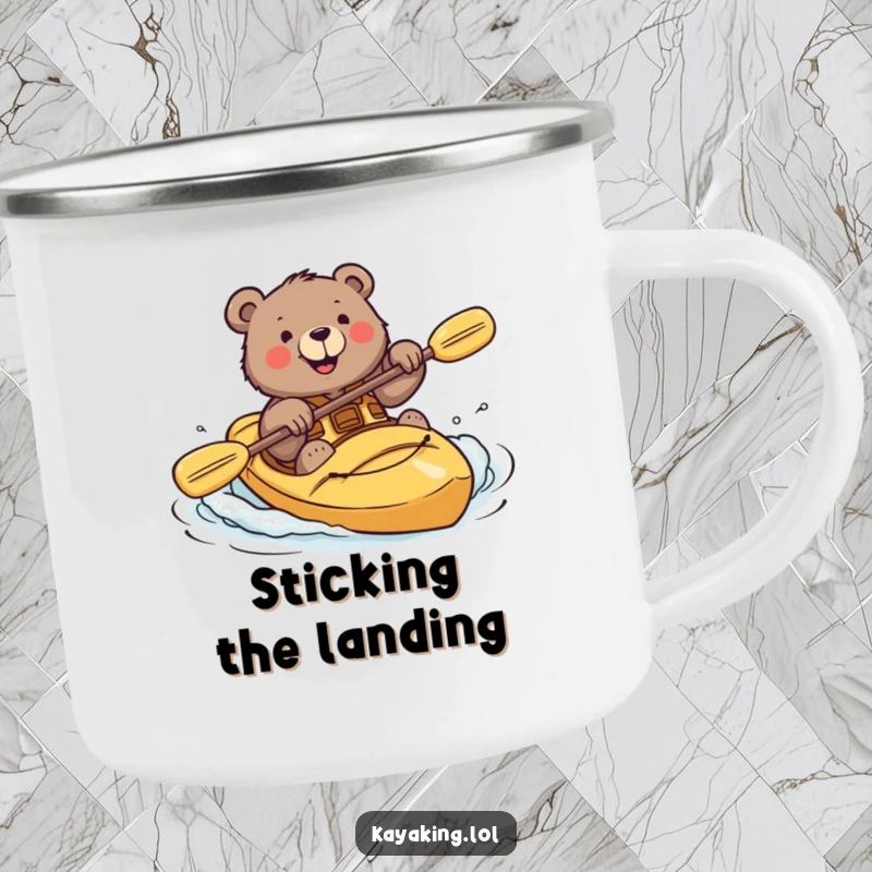 Funny camping mug with a brave bear smiling while attempting a kayak roll, built for bold outdoor experiences.