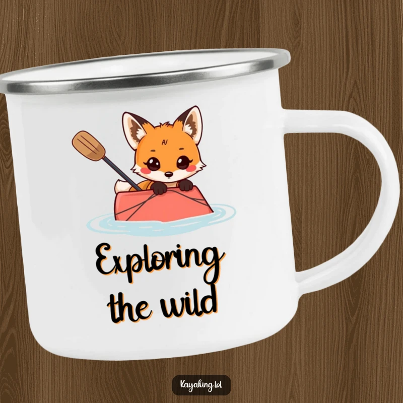 Funny camping mug featuring a curious fox peeking from a kayak, ready for any outdoor expedition.