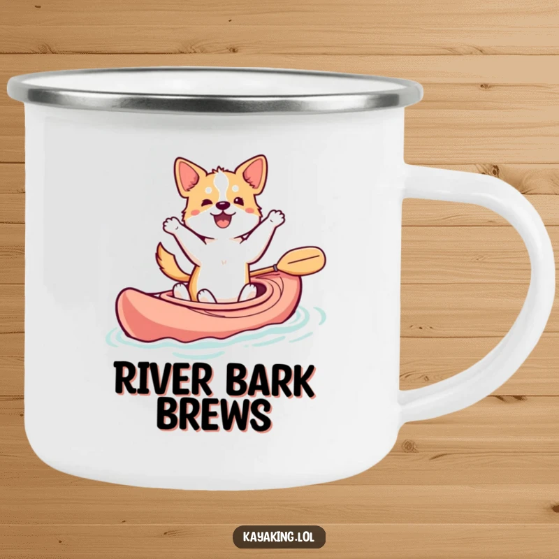 Funny dancing dog camping mug showing a dog in a kayak, tail wagging, perfect for outdoor humor.