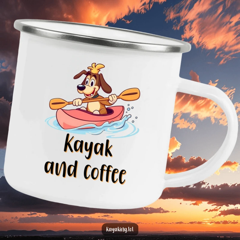 Funny Camping Mug featuring a goofy dog splashing water with a paddle in a kayak, perfect for outdoor enthusiasts.