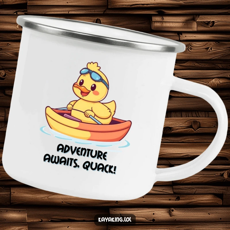 Funny smiling duck navigating a durable kayak, perfect for camping trips and outdoor sipping. A ruggedly cheerful mug.