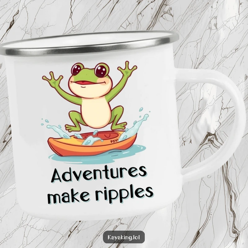 Funny Camping Mug, a frog splashing into a kayak, designed for outdoor lovers with a sense of humor.