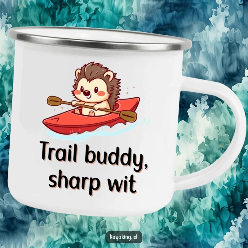Funny camping mug featuring a smiling hedgehog steering a bright red kayak, bringing humor and joy to outdoor beverages.