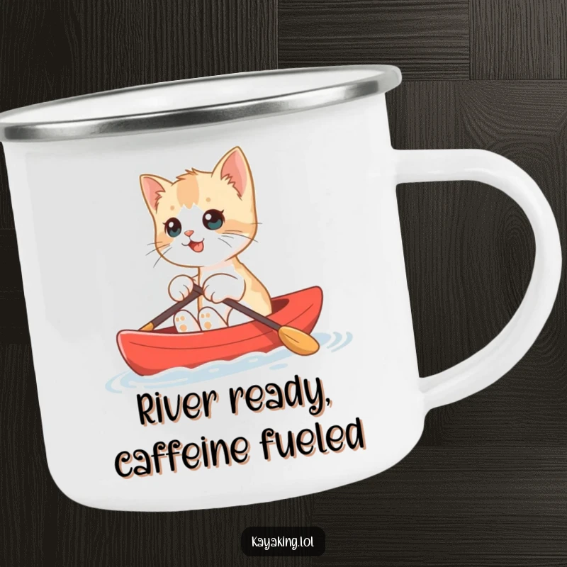 Funny Kitten Kayak Camping Mug featuring a small kitten kayaking with gusto, built for rugged, humorous outdoor use.