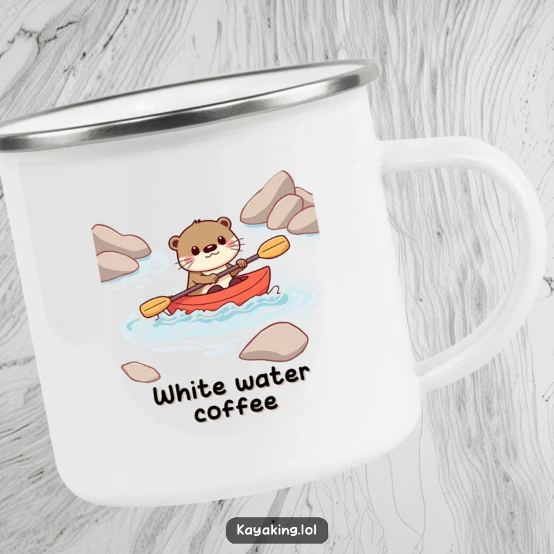 Funny camping mug featuring a playful otter character navigating rapids in a kayak, perfect for enjoying adventures outdoors.