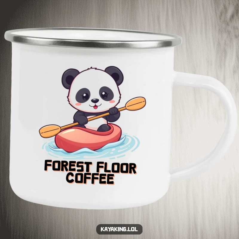 Funny panda kayaking camping mug shows a confident panda paddling a kayak, designed for strong outdoor experiences.