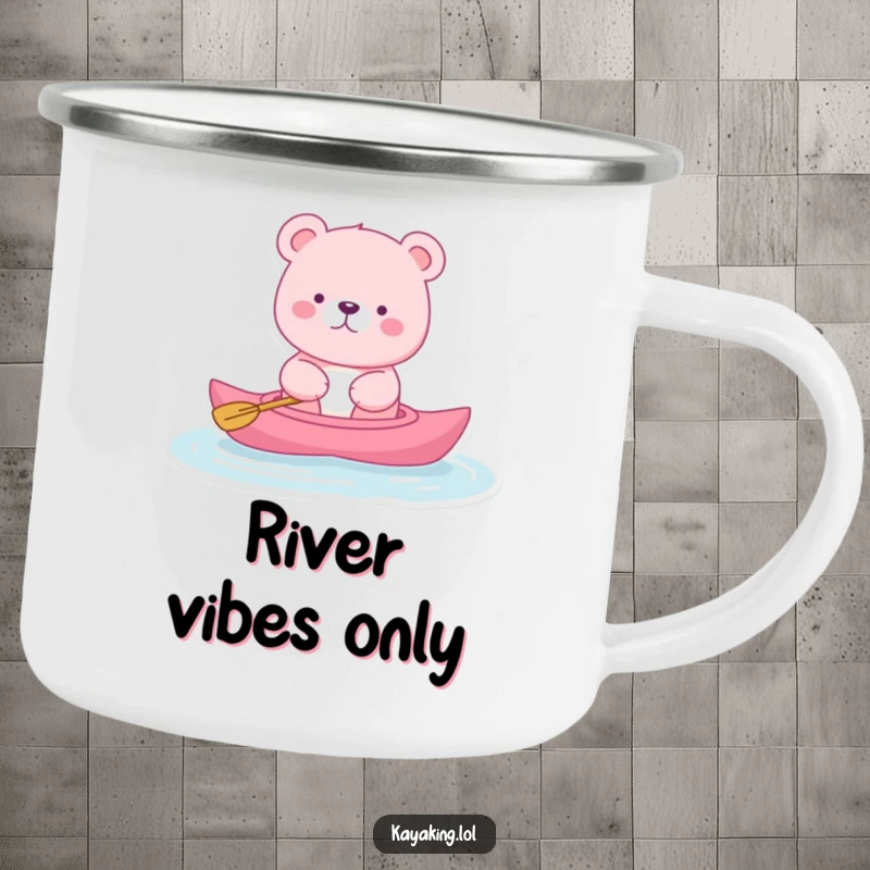 Funny pink bear camping mug with a bear serenely kayaking, perfect for peaceful outdoor moments and humorous relaxation, a durable gift.