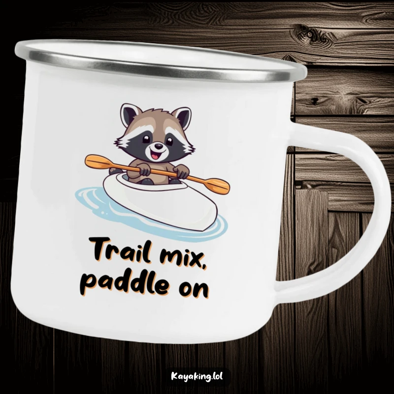 Funny raccoon in a kayak, paw on paddle, printed on a camping mug, bringing joy to outdoor beverage breaks.