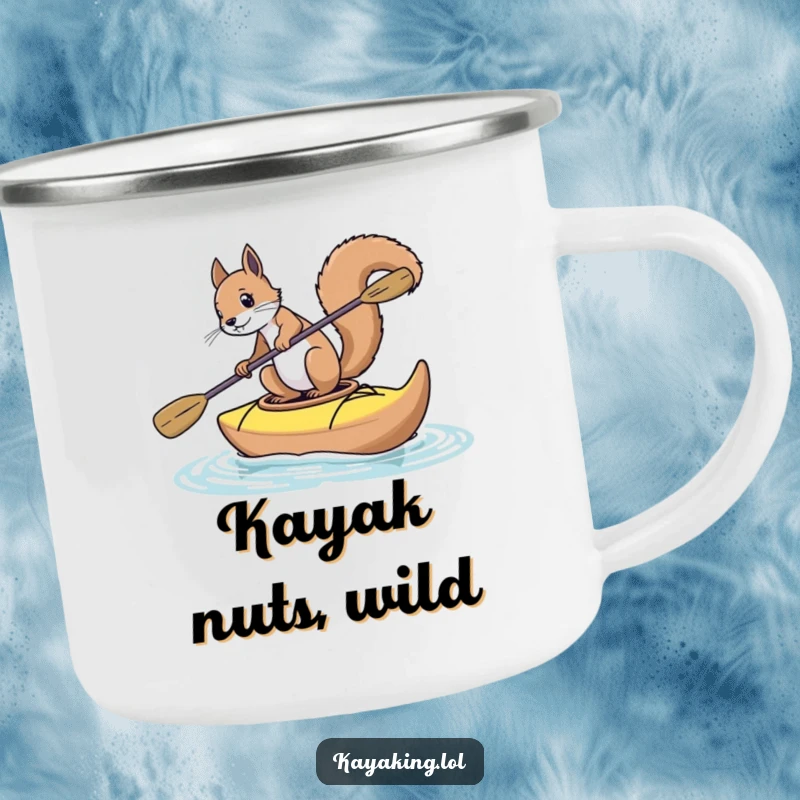 Funny squirrel camping mug showing a determined squirrel in a kayak, ready for any outdoor expedition, however wobbly.