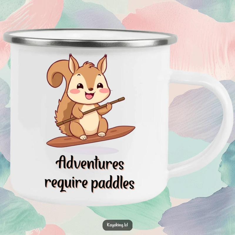 Funny squirrel paddling camping mug, a cute squirrel with a tiny paddle, durable enamel mug for outdoor adventures.