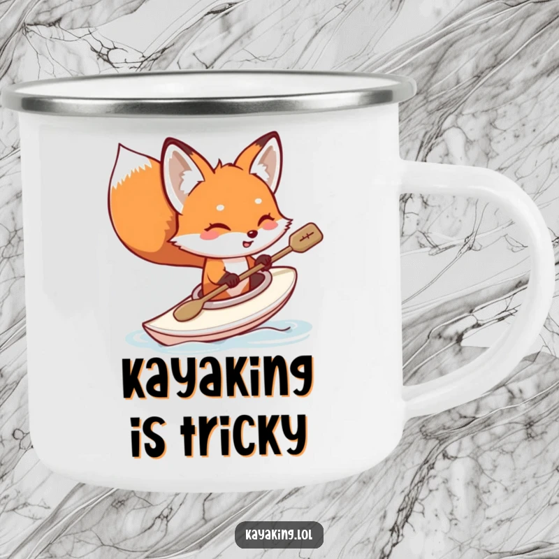 Funny fox kayaking camping mug, a playful red fox tipping its kayak, enamel mug for outdoor use, humorous design.