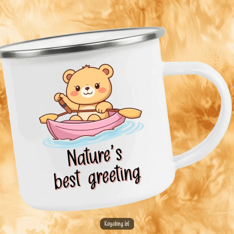Funny Camping Mug, a happy bear waving from a kayak, designed for cheerful outdoor experiences.