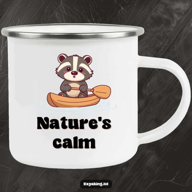 Funny badger camping mug showing a brave animal paddling a kayak, perfect for outdoor adventures and enjoying nature.