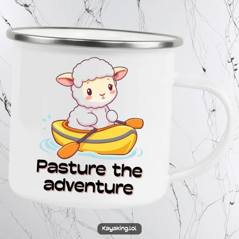 Funny fluffy sheep bobbing in a brightly colored kayak, ideal for outdoor enjoyment. This camping mug is udderly delightful.