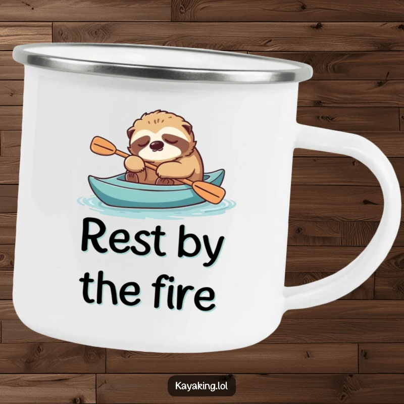 Funny sloth napping in a kayak with paddle, enhancing a sturdy camping mug for relaxed outdoor moments.