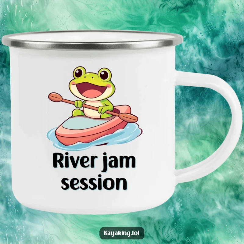 Funny camping mug featuring a happy frog character paddling a kayak with a wide, excited grin, perfect for outdoor enjoyment.