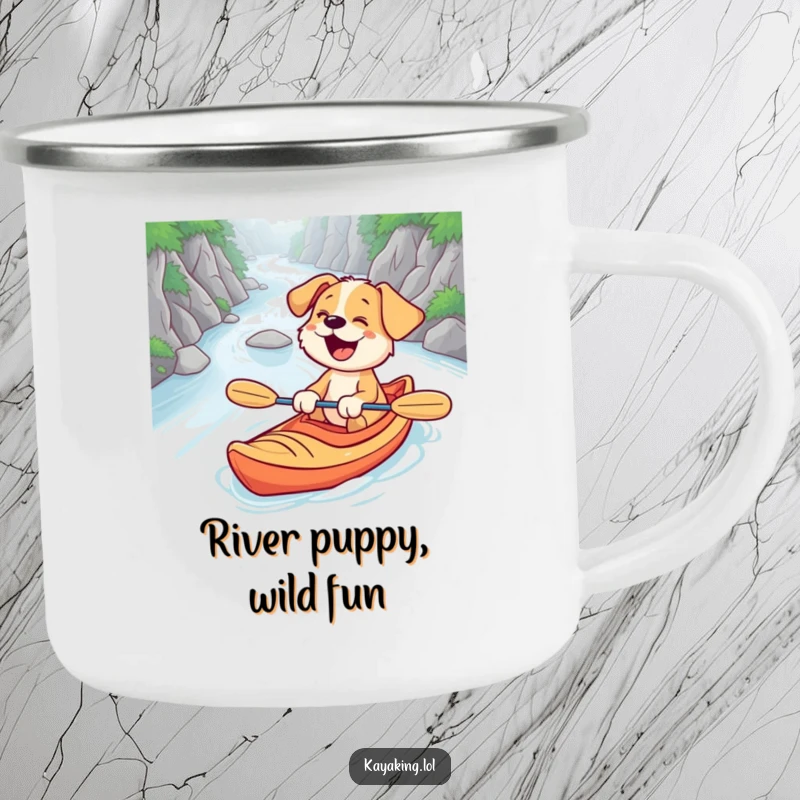 Funny camping mug depicting a giggling puppy kayaking down a river, bringing humor and joy to outdoor beverages.