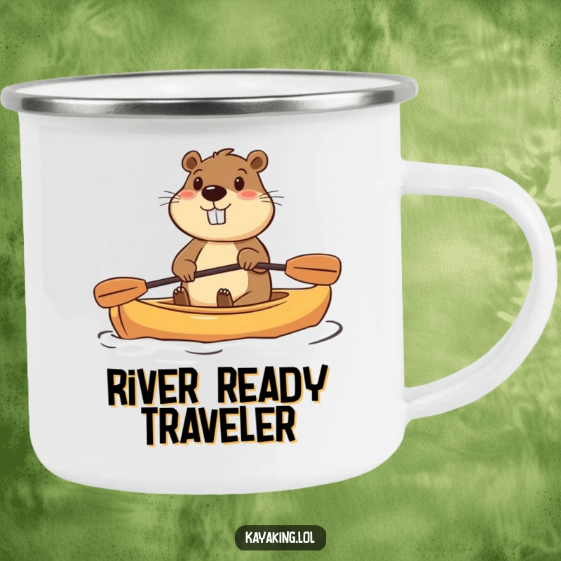 Funny camping mug with a determined beaver paddling a small kayak enthusiastically, for outdoor enjoyment and humor.